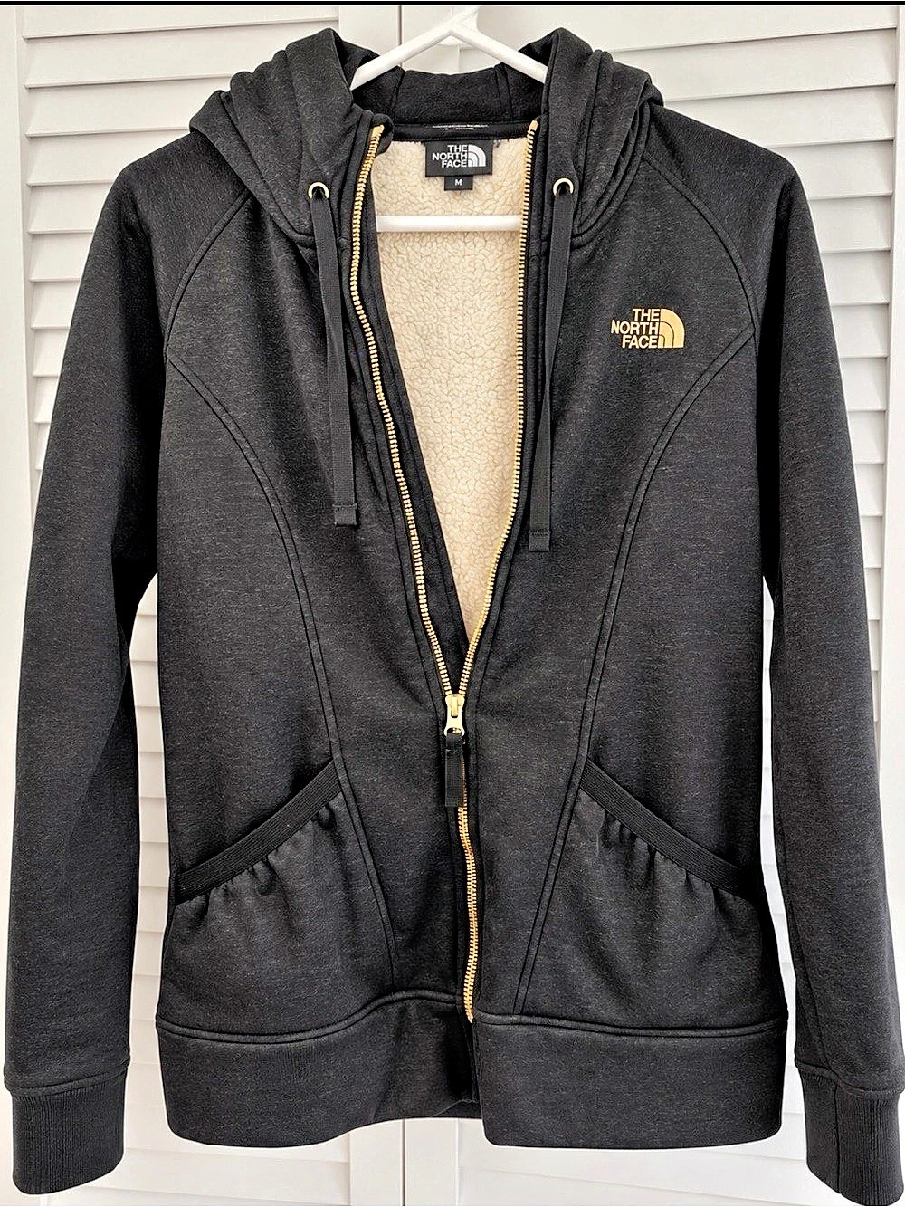 The North Face Full-Zip Sherpa-Lined Hoodie with Metallic Gold Logo Black Medium